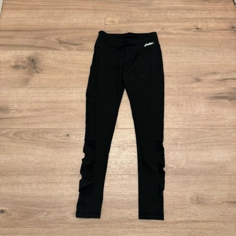 Justice Girls Active Black Leggings Lattice‎ Cutout Mesh Side Pocket Size 12